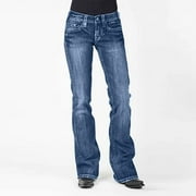 Awdenio Women's Jeans , Women Mid Waisted Embroidery Stretch Button Straight Full Length Pants On