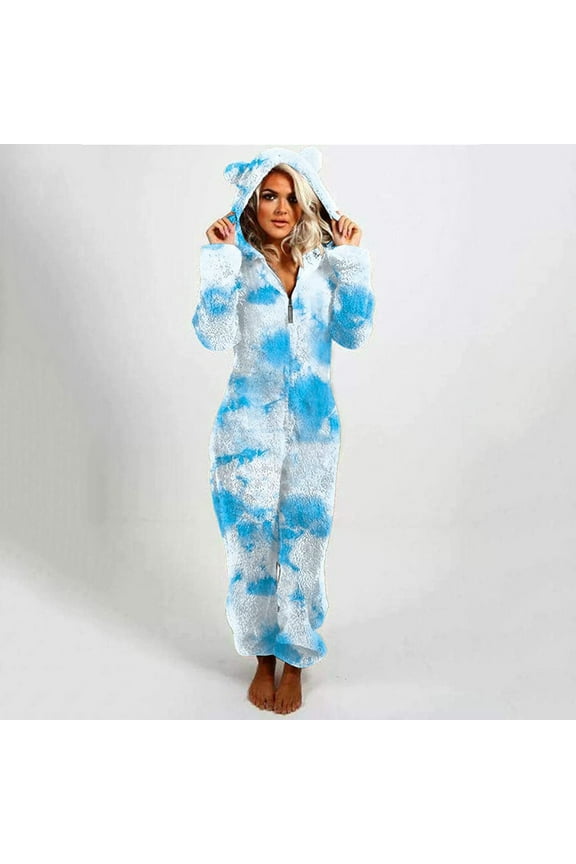Women's Jumpsuits Adult Onesie Cute Ear Hooded Leopard Plaid Pajamas Zipper Long Sleeve Plush Jumpsuit