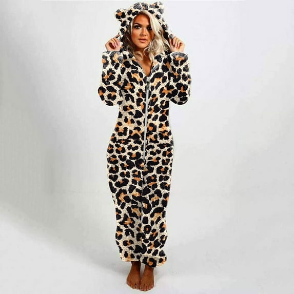 Awdenio Women's Jumpsuits Adult Onesie Cute Ear Hooded Leopard Plaid Pajamas Zipper Long Sleeve Plush Jumpsuit