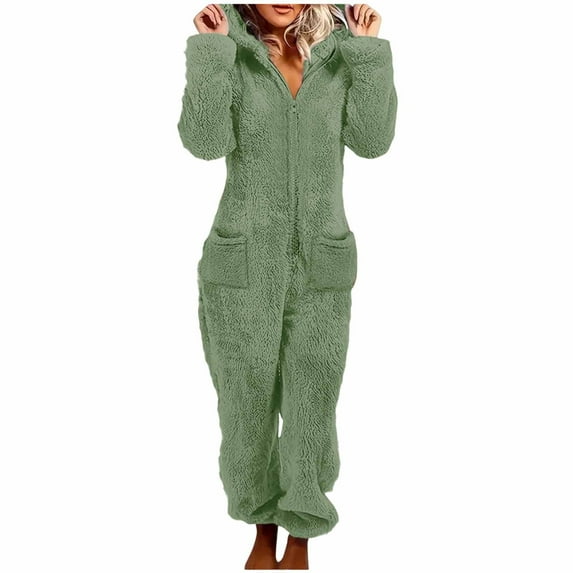 Awdenio Women's Jumpsuits Fuzzy Onesie Hooded Solid Pajamas Zipper Long Sleeve Plush Romper