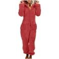thumbnail image 1 of Awdenio Women's Jumpsuits Fuzzy Onesie Hooded Solid Pajamas Zipper Long Sleeve Plush Romper, 1 of 8