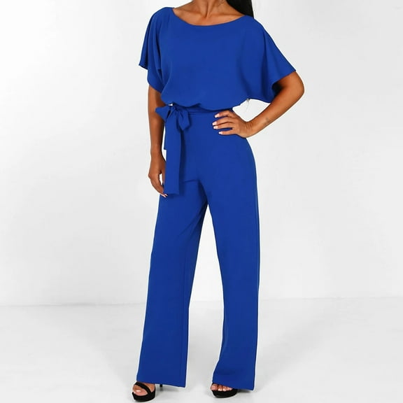 Awdenio Women's Jumpsuits, Rompers & Overalls , Fashion Womens Rounk Neck Solid Summer Bandag Short Sleeve Pants Jumpsuit