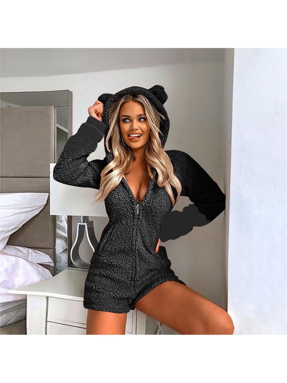 Women's Jumpsuits, Rompers & Overalls , Women Long Sleeve Hooded Jumpsuit Pajamas Casual Winter Warm Rompe Sleepwear