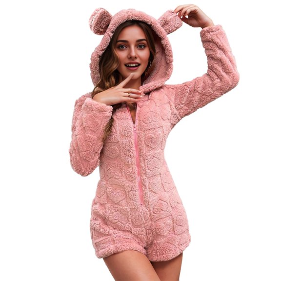 Awdenio Women's Jumpsuits Winter Fleece Sherpa Shorts Jumpsuit for Women, Long Sleeve Zipper Onesie Loungewear Warm Fuzzy Hood Romper with Ears