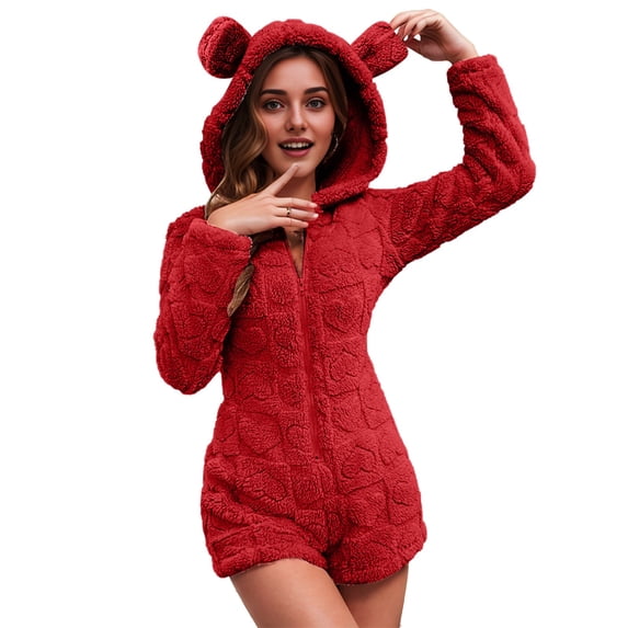 Awdenio Women's Jumpsuits Winter Fleece Sherpa Shorts Jumpsuit for Women, Long Sleeve Zipper Onesie Loungewear Warm Fuzzy Hood Romper with Ears