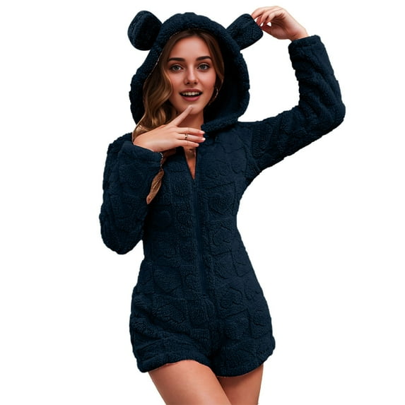 Awdenio Women's Jumpsuits Winter Fleece Sherpa Shorts Jumpsuit for Women, Long Sleeve Zipper Onesie Loungewear Warm Fuzzy Hood Romper with Ears