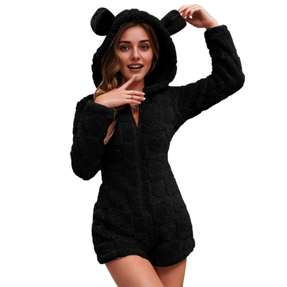 Awdenio Women's Jumpsuits Winter Fleece Sherpa Shorts Jumpsuit for Women, Long Sleeve Zipper Onesie Loungewear Warm Fuzzy Hood Romper with Ears