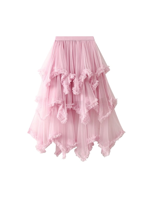 Women's Long Tulle Skirt , Women Irregular MultilayerGauze High Waisted Large Skirt Hem Gentle Skirt