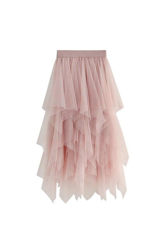 Women's Long Tulle Skirt , Women Solid A-line Irregular Net Yarn Elastic Waist Casual Pleated Skirt