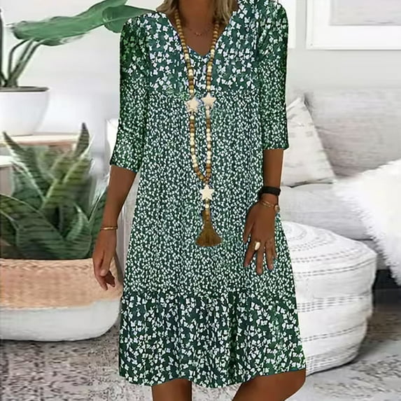 Awdenio Women's Novelty Dresses Fashion Women Summer Casual V-Neck Print 3/4 Sleeve Fold Mini Dress
