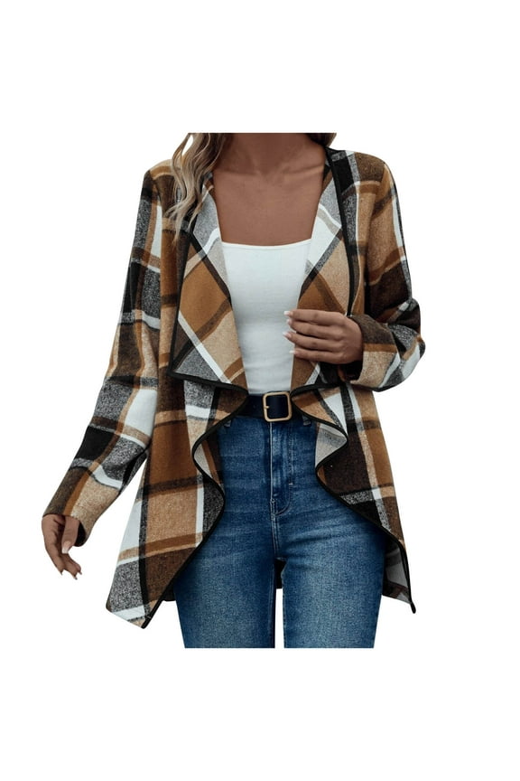 Women's Open Front Cardigan Shirt Plaid Printed Sweater Jacket Long Sleeve Irregular Hem Hooded Checkered Jacket, Size S-2XL