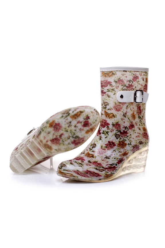 Women's Outdoor Shoes , Buckle Side Zipper High-heeled Transparent Mid-tube Wedge Heel Women Rain
