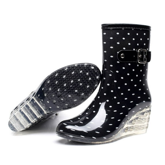Awdenio Women's Outdoor Shoes , Buckle Side Zipper High-heeled Transparent Mid-tube Wedge Heel Women Rain