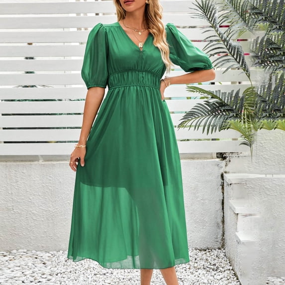 Awdenio Women's Plus Size Midi Dress Short Sleeve V Neck Smocked Flowy A-Line Boho Wedding Party Dresses