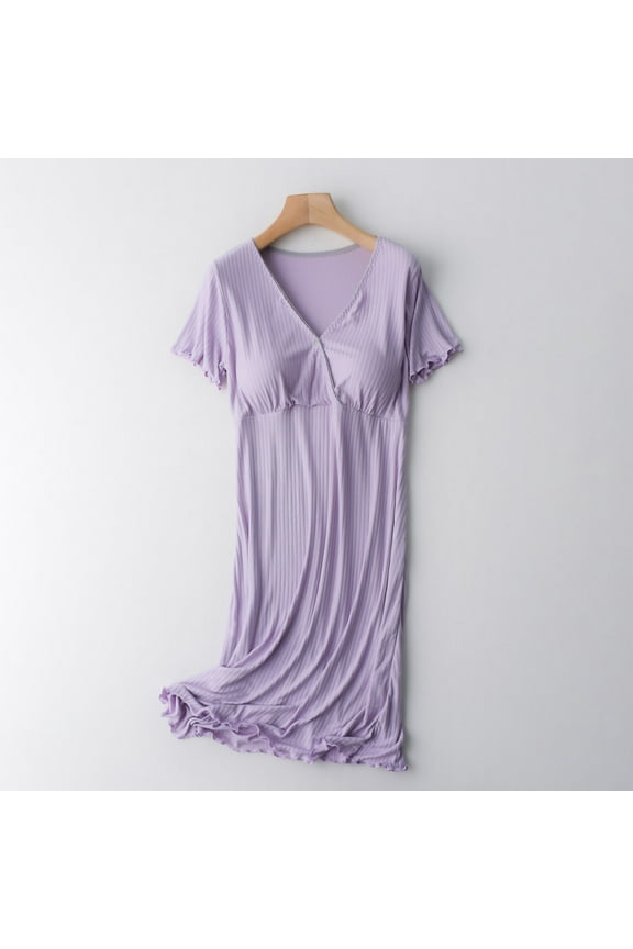 Women's Short Sleeve Maternity Dress Women's Breastfeeding Solid V-neck Short Sleeve Breastfeeding Postpartum Pregnant Women's Dress Sleepwear with Chest Pad