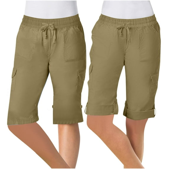 Awdenio Women's Shorts Plus Size Women Fashionable Solid Color Multi Pocket Casual Drawstring Workwear Straight Leg Capris