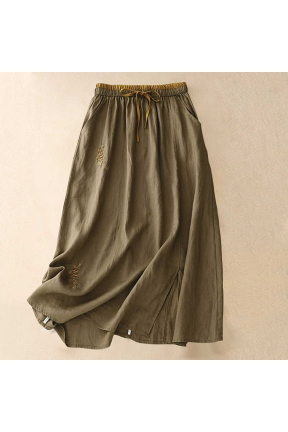 Women's Skirts Linen Skirts for Women Spring Summer A Line Flowy Casual Drawstring High Waist Button Down Midi Skirts with Slit