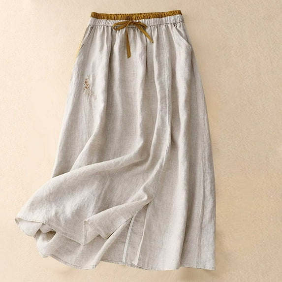 Awdenio Women's Skirts Linen Skirts for Women Spring Summer A Line Flowy Casual Drawstring High Waist Button Down Midi Skirts with Slit