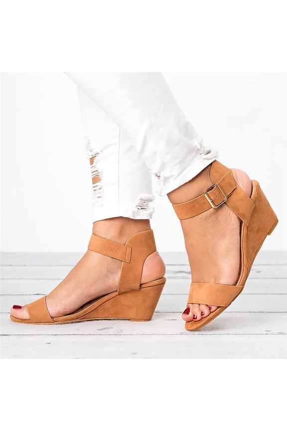 Women's Slide Sandals , Women's Solid Color Round Toe Wedge Heel Buckle Suede Low Top Sandals Shoes