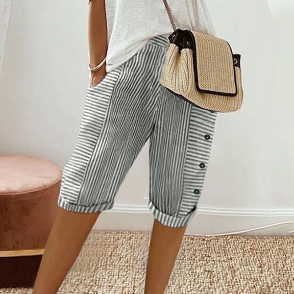 Awdenio Women's Striped Knee Length Shorts Wide Leg Loose Cuffed Shorts Bermuda Shorts