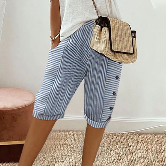 Awdenio Women's Striped Knee Length Shorts Wide Leg Loose Cuffed Shorts Bermuda Shorts