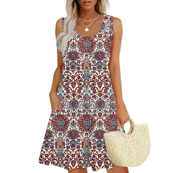 Awdenio Women's Summer Dresses Beach Casual Sleeveless V-neck Floral Print Tank Loose Sundress