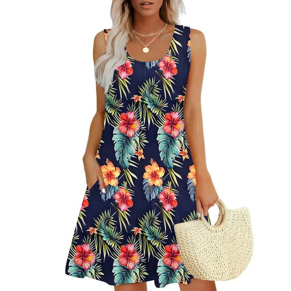 Awdenio Women's Summer Dresses Beach Casual Sleeveless V-neck Floral Print Tank Loose Sundress