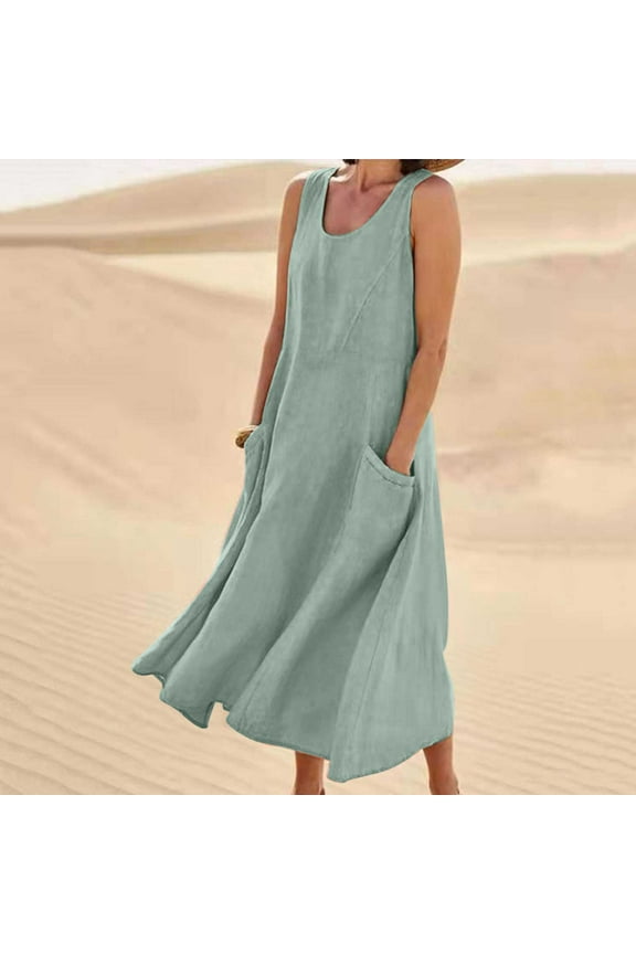 Women's Summer Fashion Casual Solid Color Sleeveless Cotton Linen Long Dress Summer Casual Tank Dress Sleeveless Cotton Linen Long Maxi Dress with Pockets