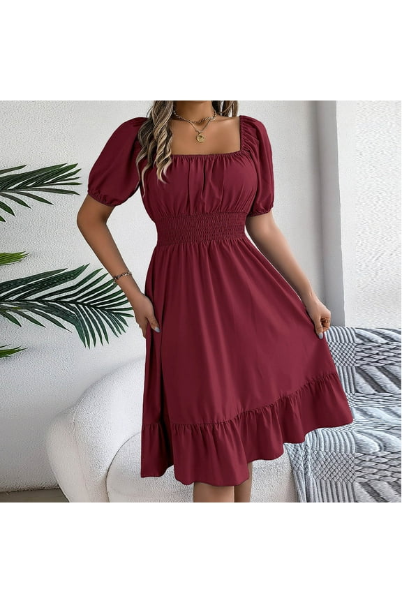 Women's Summer Short Puff Sleeve Casual Short Mini Dresses Tie Back Square Neck A-Line Sundress