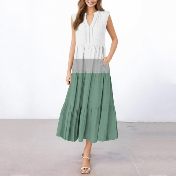 Awdenio Women's Casual Dresses Elegant V-Neck Short Sleeve Maxi Dress Casual Loose Fit Flowy Summer Beach Long Dress