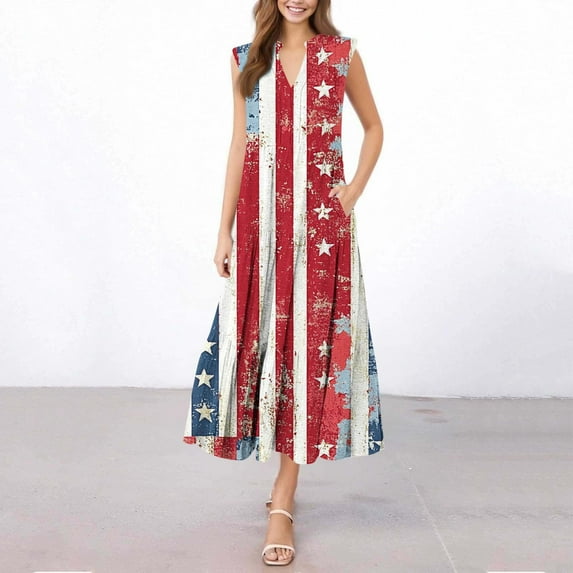 Awdenio Plus Size Summer Dresses 4th of July Dress for Women Sleeveless American Flag Patriotic Elastic High Waist Sundress