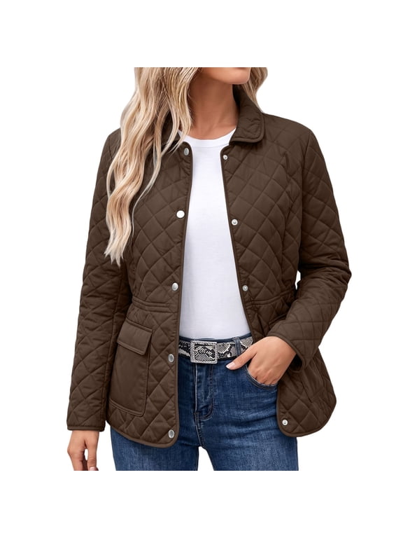 Fall Jackets for Women Quilted Lightweight Warm Casual Long Sleeve Lapel Zipper Padded Basic Solid Color Jacket