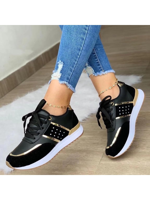 Women's Walking Shoes , Round Thick Sole Low Top Stitching Outdoor Sports Lace-up Comfortable Casual Shoes