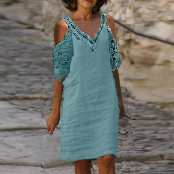 Awdenio Women's Wear to Work Dresses,Fashion Summer New Arrival Solid Color Casual Short-sleeved Lace V-neck Dress