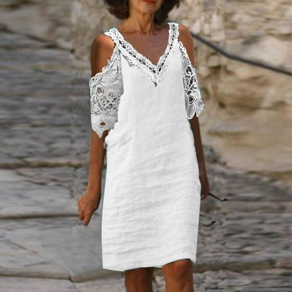 Awdenio Women's Wear to Work Dresses,Fashion Summer New Arrival Solid Color Casual Short-sleeved Lace V-neck Dress