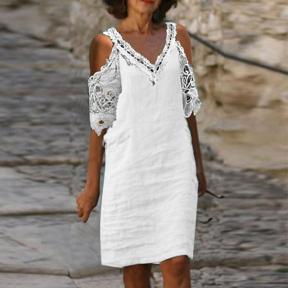 Awdenio Women's Wear to Work Dresses,Fashion Summer New Arrival Solid Color Casual Short-sleeved Lace V-neck Dress