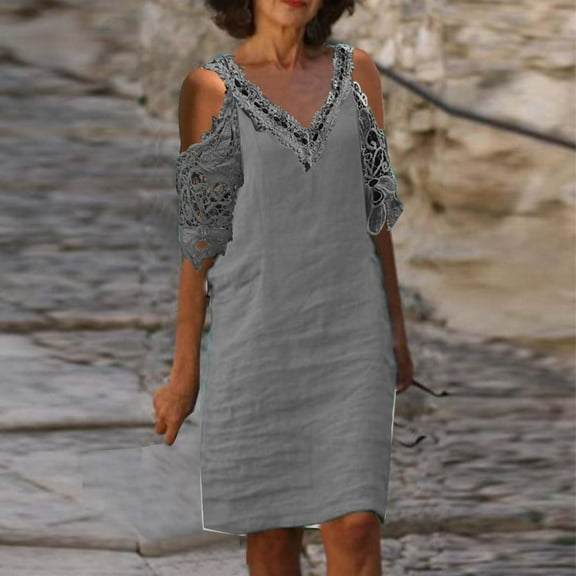 Awdenio Women's Wear to Work Dresses,Fashion Summer New Arrival Solid Color Casual Short-sleeved Lace V-neck Dress