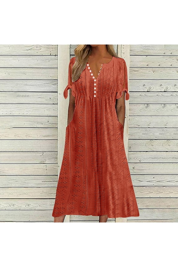 Women's Wear to Work Dresses, Fashion Women Summer Casual V-Neck Short Sleeve Button Long Dress,Size 2XL