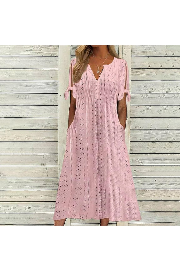 Women's Wear to Work Dresses, Fashion Women Summer Casual V-Neck Short Sleeve Button Long Dress