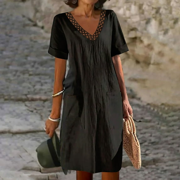 Awdenio Women's Wear to Work Dresses, Fashion Women Summer Casual V-Neck Solid Color Short Sleeve Dress