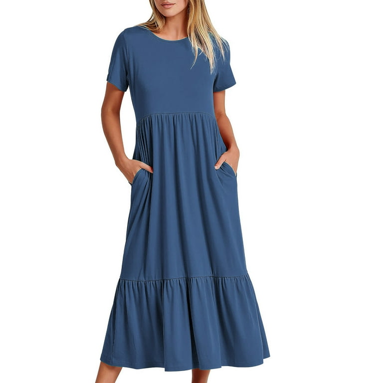 flowy dresses for work SHEIN LUNE Women's Navy Blue Floral Midi Dress,Summer Boho Vacation Holiday Outfits,Casual Flowy Teacher Office Work Dresses,Vintage Party Dress