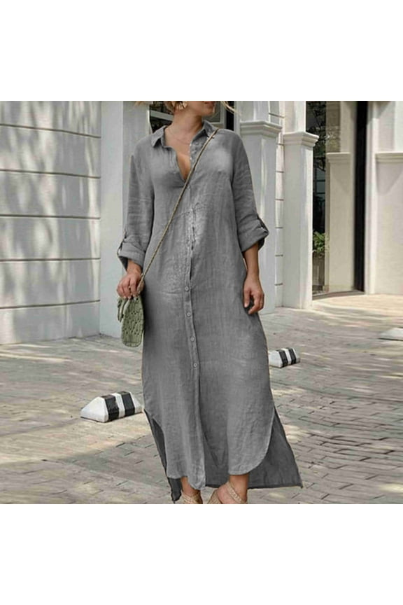 Women's Wear to Work Dresses, Women's Fashion Half Sleeve Solid Button Linen Loose Shirt Long Dress