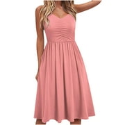 Awdenio Womens 2024 Summer Spring Dresses, Women Fashion Summer Seaside Sling Sleeveless V-Neck Solid Color Casual Dress