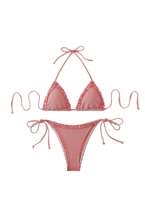 Womens Bikini 2 Piece Striped Halter String Cute Bikini Sets Swim Suits Cheeky Triangle Bathing Suit
