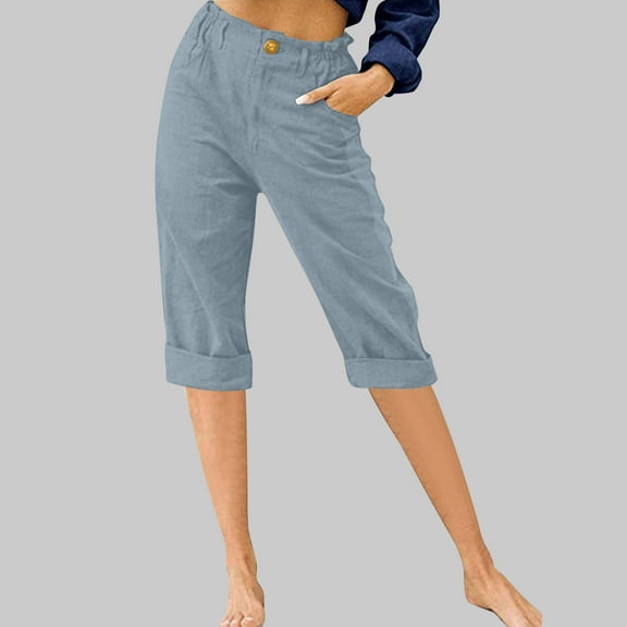 Awdenio Womens Capris Summer Casual Elastic High Waisted Linen Pants Comfy Cropped Wide Leg Lounge Pants with Pockets