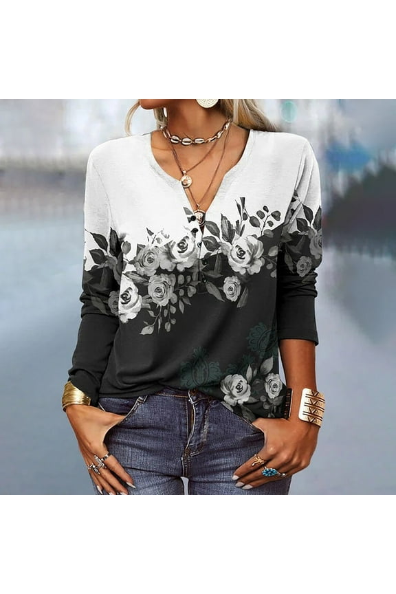 Womens Casual Long Sleeve Blouses Women Casual Printing Long Sleeve Buttons Slim Blouse T-shirt Tops