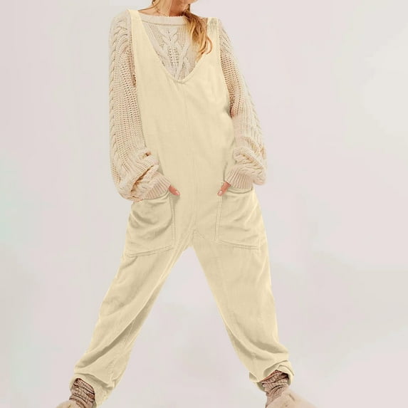 Awdenio Womens Casual Loose Knit Jumpsuits Sleeveless V Neck Romper with Pocket and Long Pants Overalls