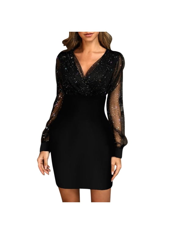 Womens Dresses Plus Size , Women Fashion Sequins Cute New Summer Black Retro Elegant Party V-Neck Solid Long Leeve Club Dress