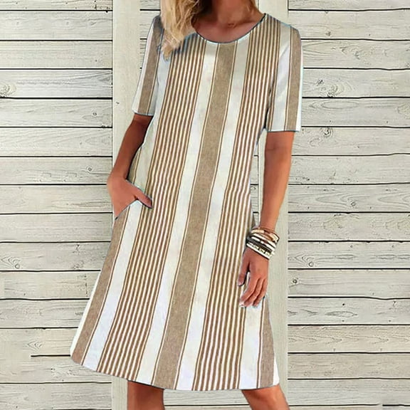 Awdenio Womens Dresses Short Sleeve on Women's Round-Neck Fashion Casual Temperament Pullover Short Sleeve Print Casual Loose Pocket Dress