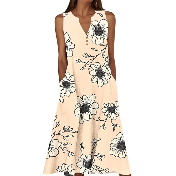 Awdenio Womens Dresses Summer Casual Dress 2026 Sleeveless Midi Tank Sundress with Pockets V Neck Buttons Pleated A Line Tshirt Dress